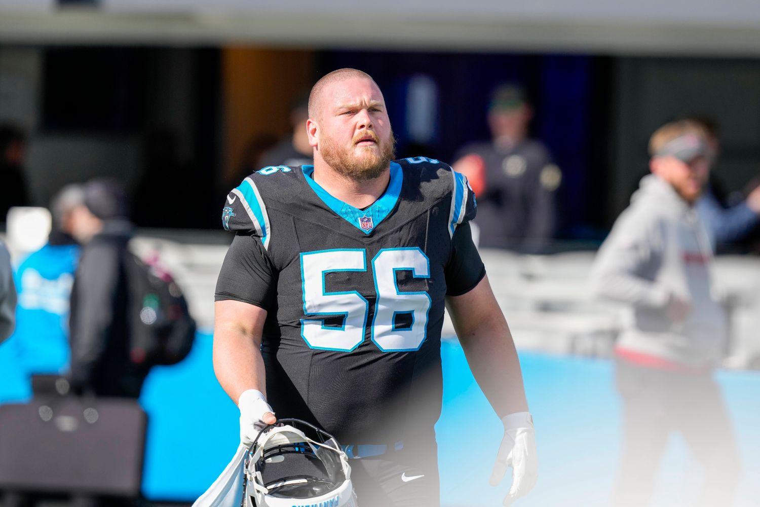 Jan 7, 2024; Charlotte, North Carolina, USA; Carolina Panthers center Bradley Bozeman (56) during pregame warm ups against the Tampa Bay Buccaneers at Bank of America Stadium.